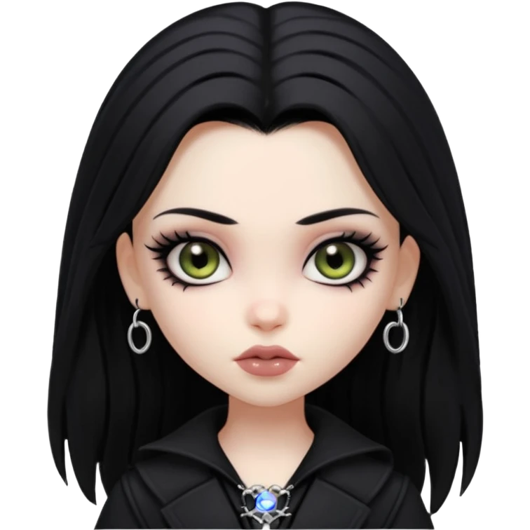 goth bratz baddie, beautiful hazel eyes, long black gothic hair styled, black goth clothes emoji