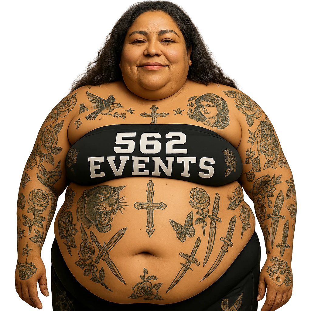 Add more visible tattoos to the extra large Mexican woman, keeping her stomach out and tube top that says '562 Events'. Preserve the transparent background. The style should match the original image's look and feel. emoji