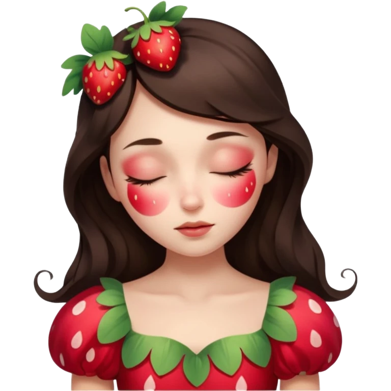 sleeping beauty brunette white girl with a silk pillow strawberry dress with her face painted fairy strawberry emoji