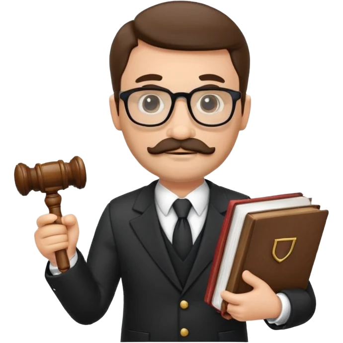 “Create a clean, modern emoji-style illustration of a male lawyer. He is wearing a formal suit jacket. He is holding a judge’s gavel in one hand and has a law book tucked under his arm. He has a mustache and a short beard, and he is wearing glasses. emoji