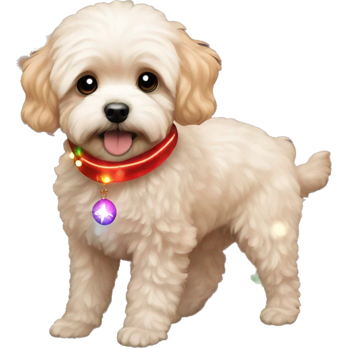 Red maltipoo with Christmas lights decorated around its neck emoji