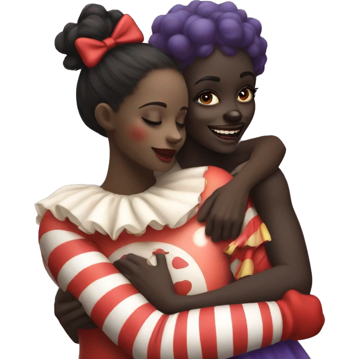 Dark skin girl hugging a clown, clown has on clown makeup, red nose,  emoji