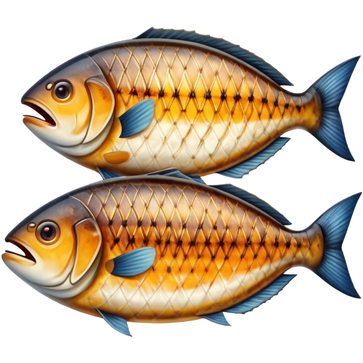 Gradele Cinematic Realistic Gradele Dish Emoji, depicted as 2 perfectly grilled fish with prominent grill marks and a smoky finish, rendered with vivid textures and dynamic, natural lighting. emoji