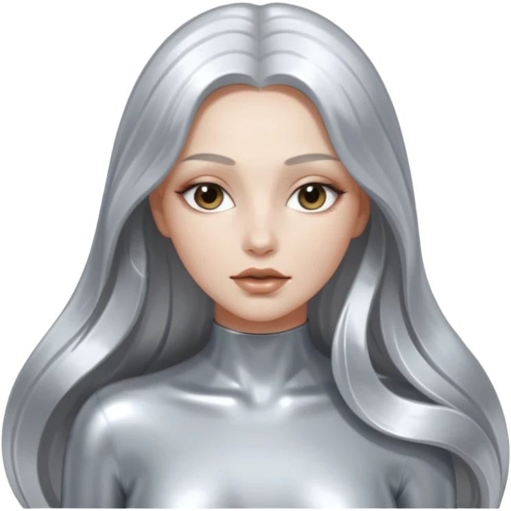 abstract sensual skinny body silhouette, liquid silver chrome, smooth curves,chrome silver long hair, chrome metallic silver full face  and body, sensual poses emoji