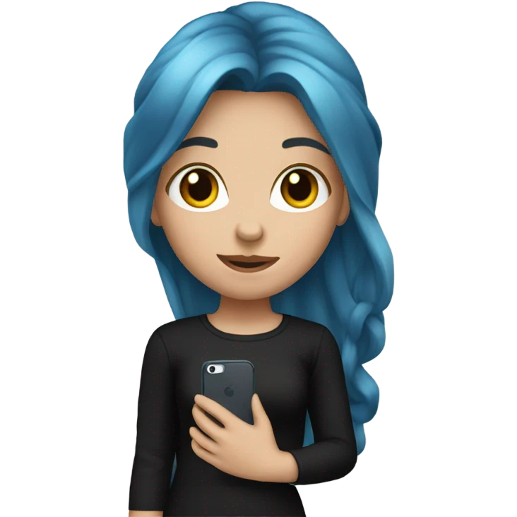 white skin girl with long blue hair in black clothes holding a phone emoji