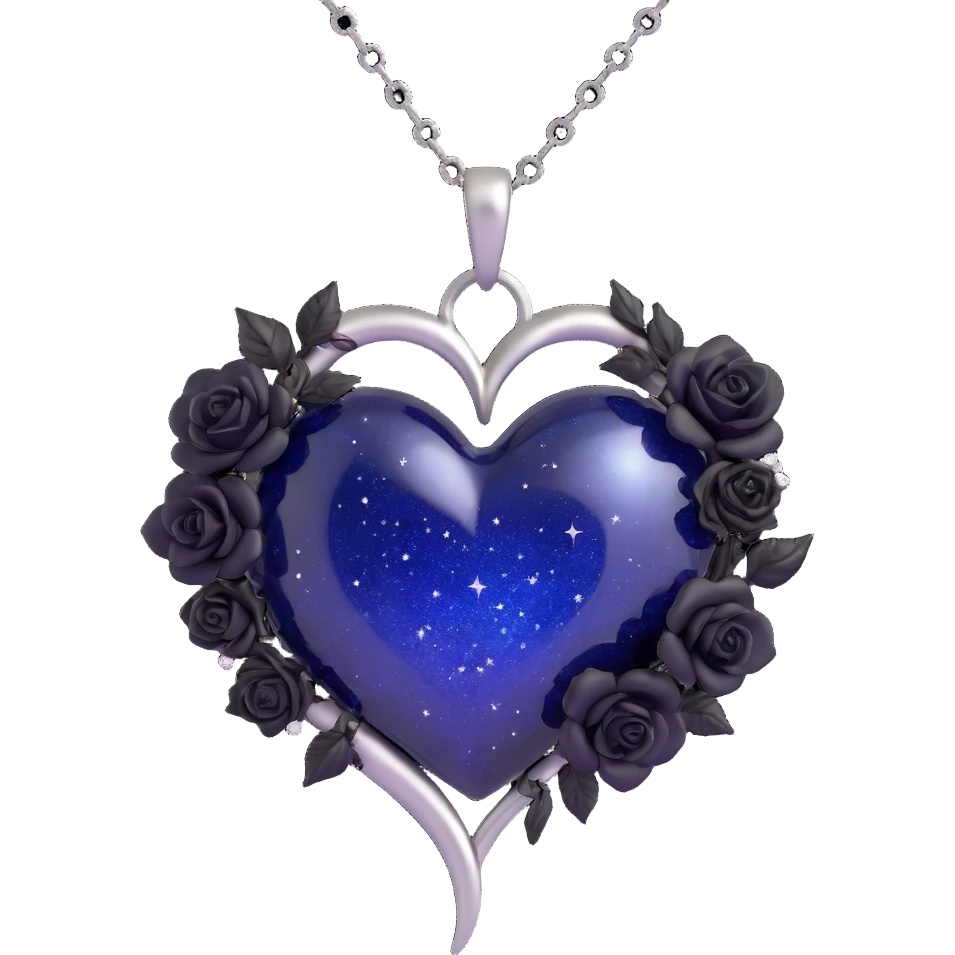 gothic heart made of midnight blue glass with a silver crescent moon, tiny black roses, shimmering stardust, wrapped with a silver chain emoji
