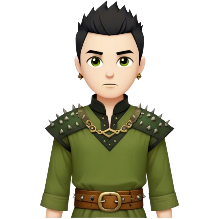 Medieval spring outfit worn by a DnD themed fantasy male character. Moss green cotton tunic with antique brass clasps at the collar, cinched with a tooled leather belt showing simple leaf patterns. Clothes only above the waist, full waist coverage. The character has no arms. Character is white-skinned with jet black hair, deep amber eyes, and short spiky hair with natural texture. emoji