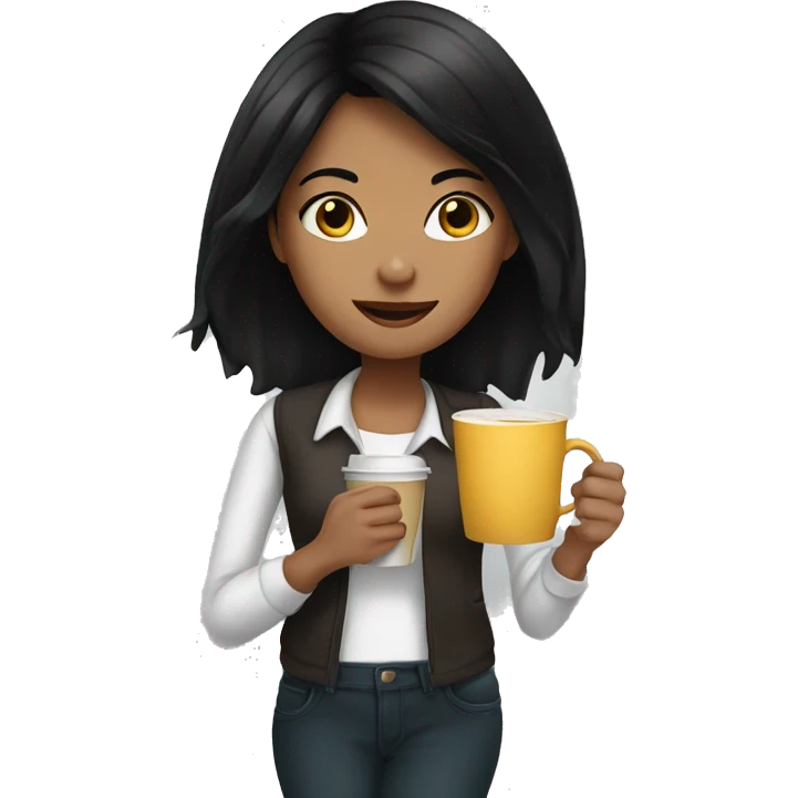 girl with black hair with cup coffee emoji