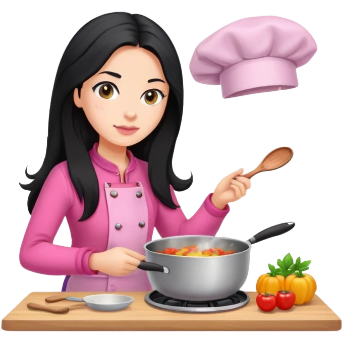 Long black hair girl with caucasian skin is cooking in pink clothes emoji
