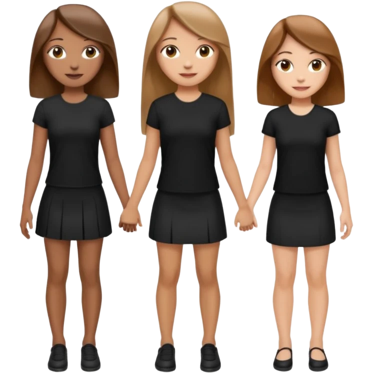 emoji of a girl with long, straight light brown hair, fair skin, soft brown eyes. Wearing a stylish black top and mini skirt. Full-height, standing confidently with shoulders back, head up, smiling proudly. Surrounded by 3 women next to her, holding hands. women are of diferent race emoji