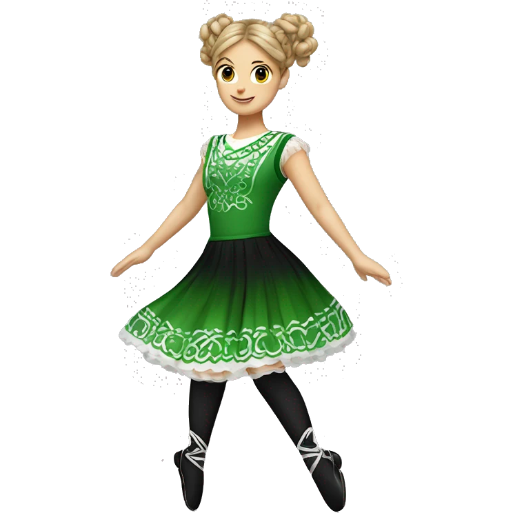 Draw an Irish dance in a solo dress with a bun wig wearing hard shoes and a solo dreas emoji