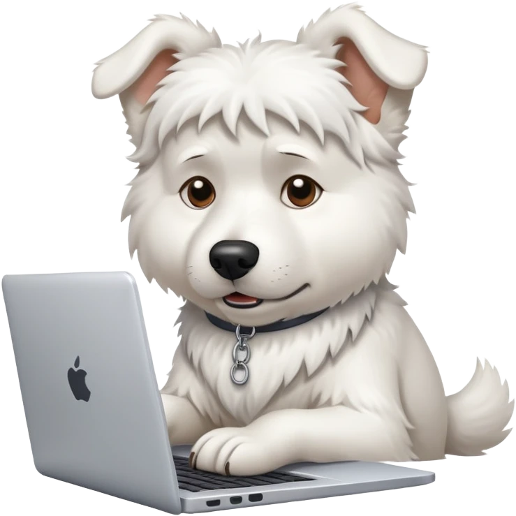 A busy white dog typing on a laptop looking stressed and overwhelmed emoji