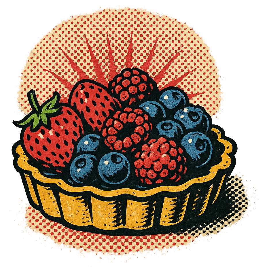 old school comic book fruit tart, dramatic shading, berries emoji