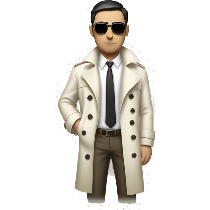 <excerpt>
A white man with real short Black hair, short mutton shops donning small red tinted sun glasses in a dirty white trench coat, is serious.
</excerpt> emoji