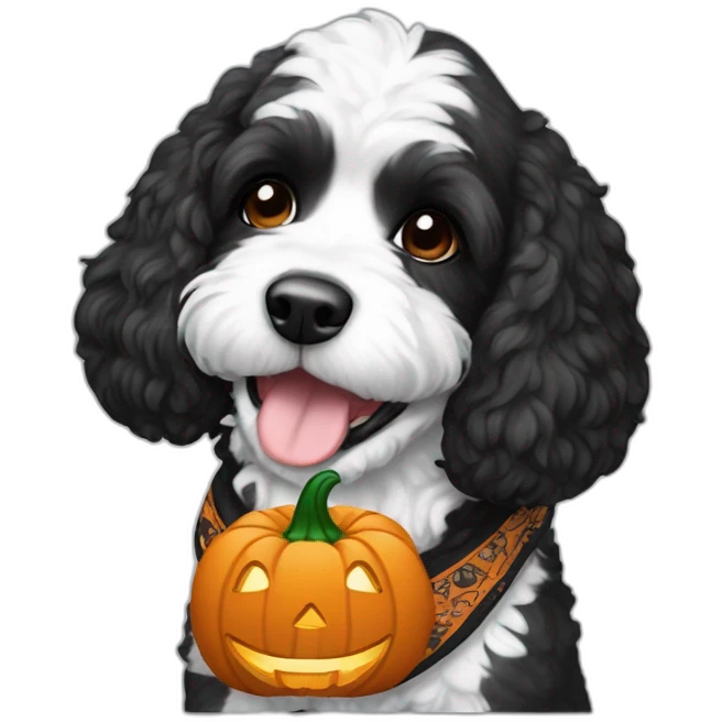 happy black and white cockapoo with a pumpkin and fall bandana emoji