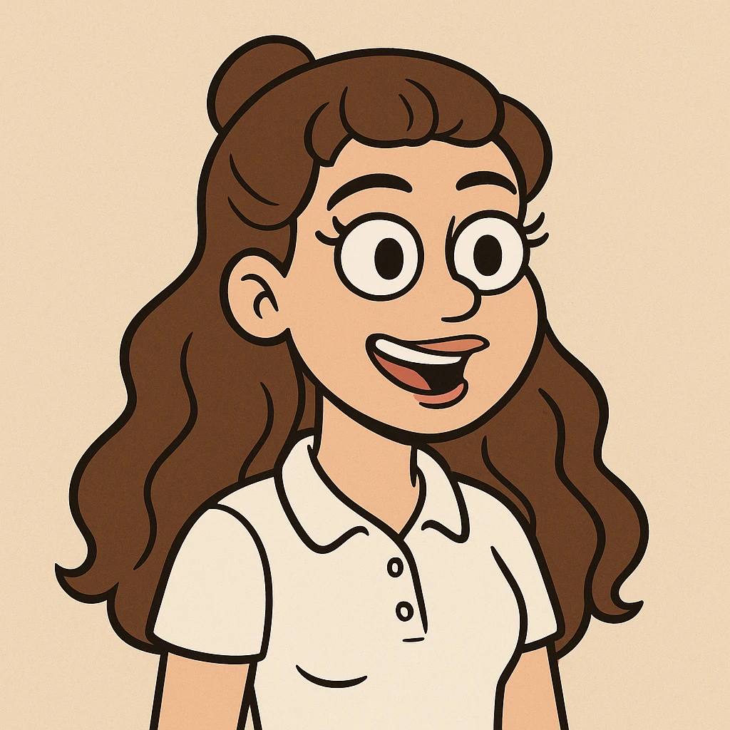 girl with a round face, long wavy brown hair in a half up half down style, brown eyes and long lashes, white button up polo, cartoon style emoji