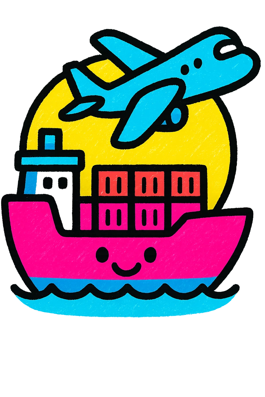 A bright and cheerful icon of a cargo ship and airplane symbolizing global partnership, using colors #1E90FF, #F13816, and #FFFFFF emoji