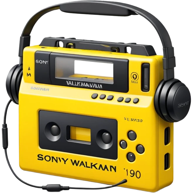 Sony Walkman cassette player from 1990s, yellow and black, with headphones emoji