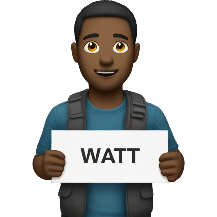 man holding up sign that says "wait" emoji