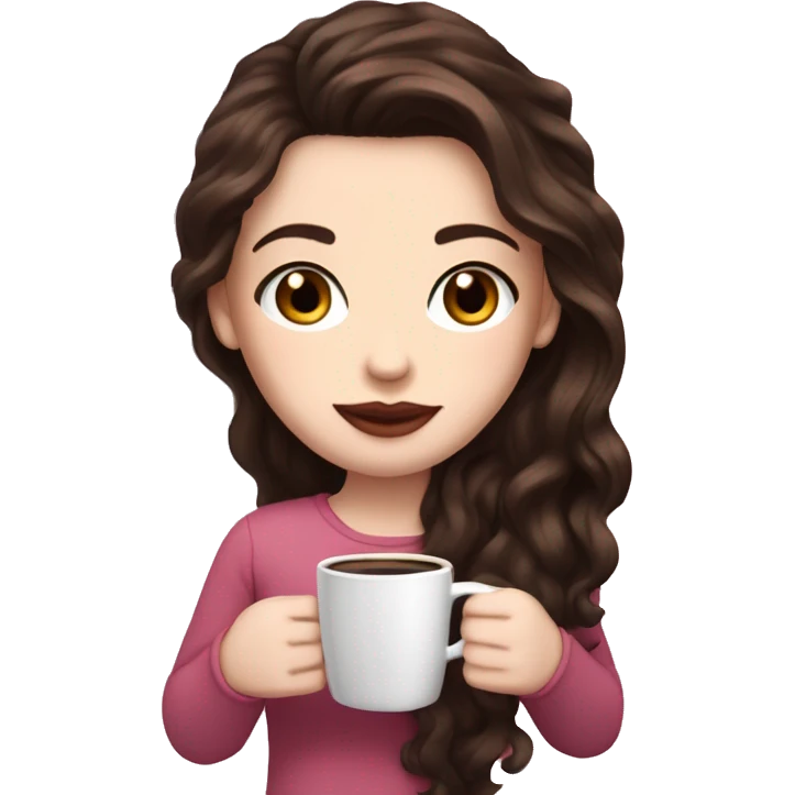Super white Pale skin, dark brown wavy long hair , pink lips , pink cheeks, holding coffee, cozy emoji