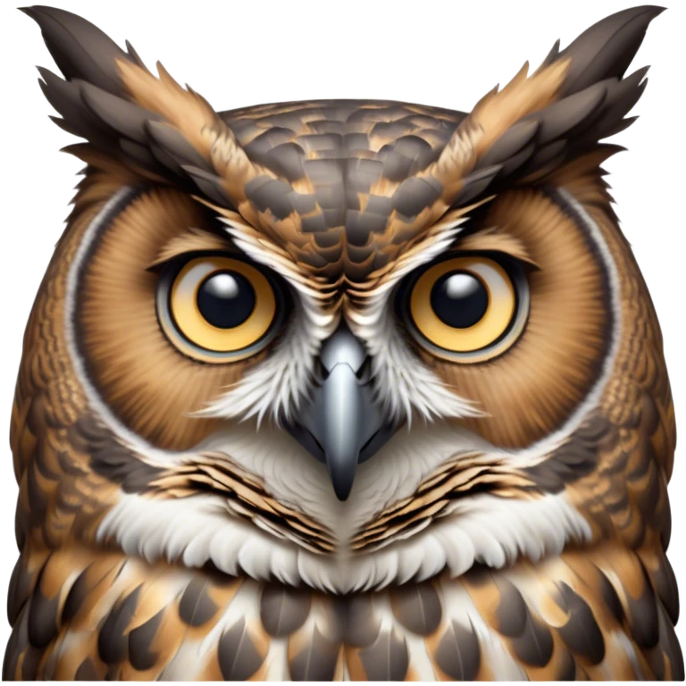Cinematic Noble Great Horned Owl Portrait Emoji, Poised and regal, with a commanding, broad build and a richly mottled plumage of grays, whites, and subtle browns, deep-set soulful golden eyes, Simplified yet sharp and sophisticated features, highly detailed, glowing with a soft, dignified glow, high shine, intelligent and enigmatic, stylized with an air of nocturnal majesty, focused and attentive, soft glowing outline, capturing the essence of a watchful and confident raptor, so majestic it feels as though it could silently swoop out of the screen with effortless authority! emoji