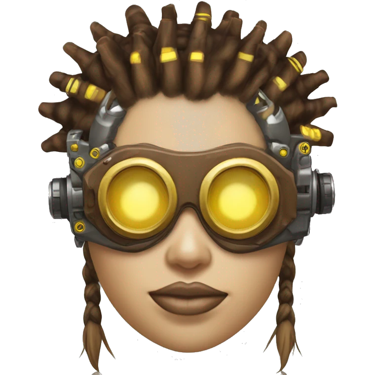 Brown with yellow streaks Mohawk hair female cyborg head, tan skin, steampunk goggles and circuits emoji