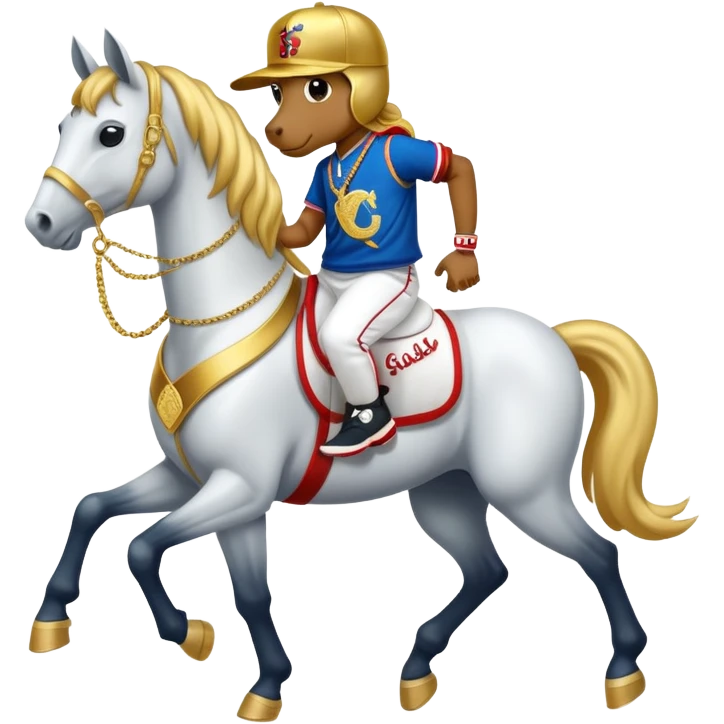 anthropomorphised horse dressed like a member of RUN DMC, hip-hop outfit, gold medal, baseball hat emoji