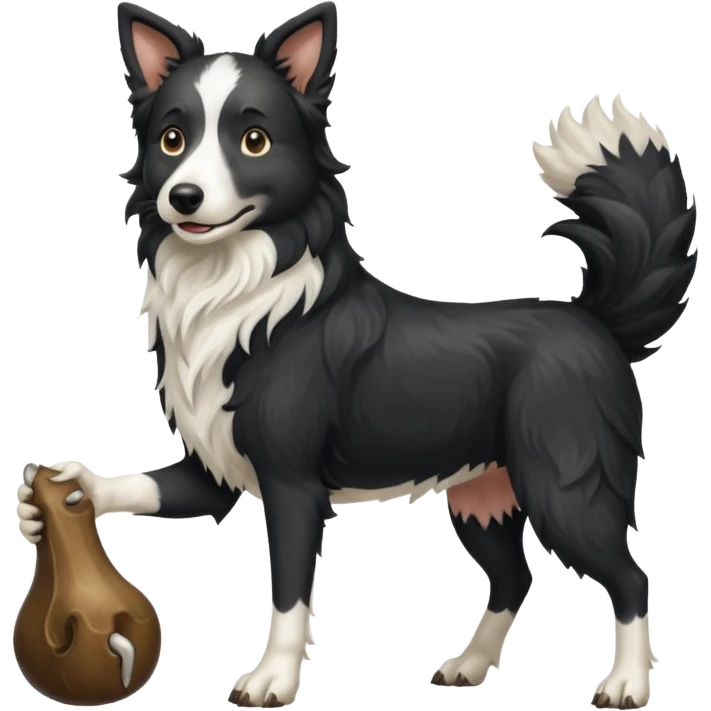 A black and white border collie werewolf, standing on her hind legs, holding a cow's hoof. emoji