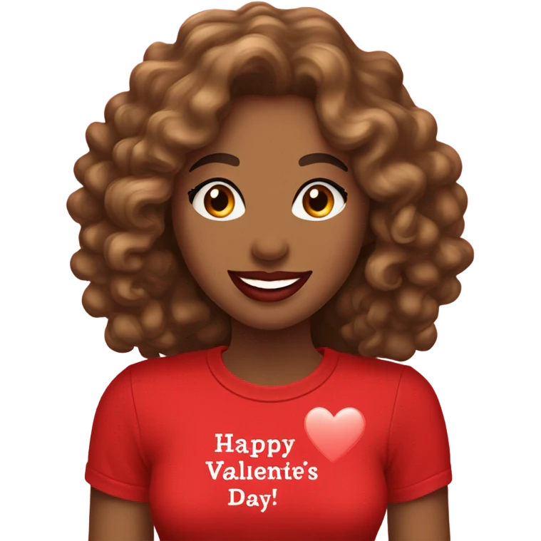 Light brown lady smiling, medium brown long curly hair, bright red lips, eyelashes, wearing red “happy Valentine’s Day” t shirt emoji