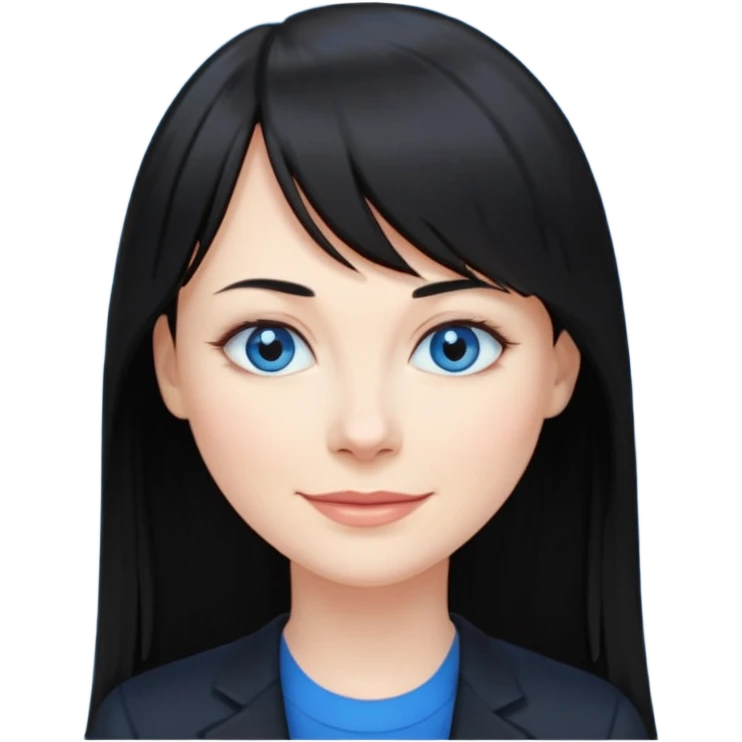 40 yr old woman long straight black hair, pale skin, blue eyes, black clothes, small smile, bangs emoji