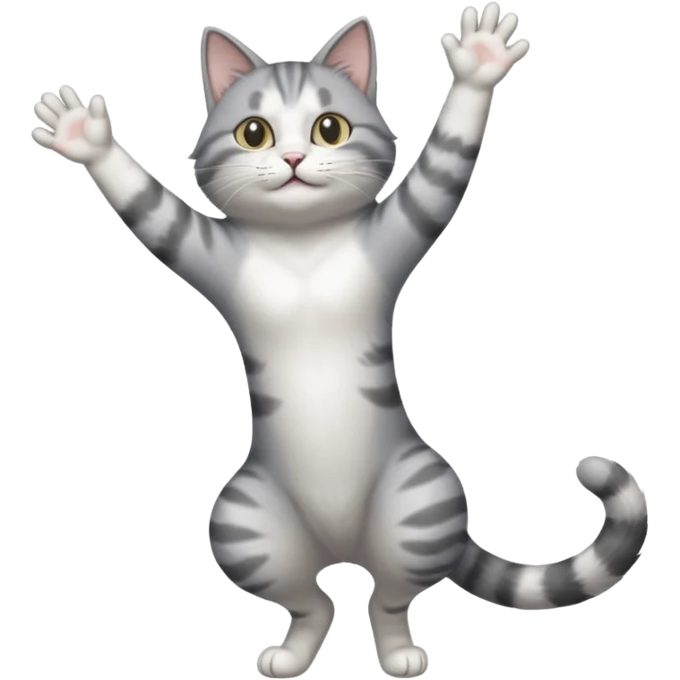 grey and white cat doing a big long stretch reaching up into the air with arms and legs together emoji