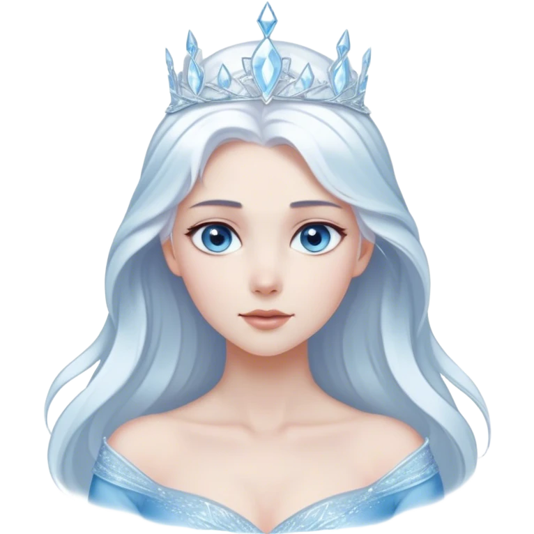 Cinematic Serene Snow Queen Portrait Emoji, rendered in a simplified vector style. Depict a gentle Elsa (chest and above) with delicate icy skin, softly cascading platinum hair, and calm, reflective blue eyes, dressed in her classic ice-blue gown. The image exudes a soft, luminous frosty radiance with high shine and a subtle glowing outline. emoji