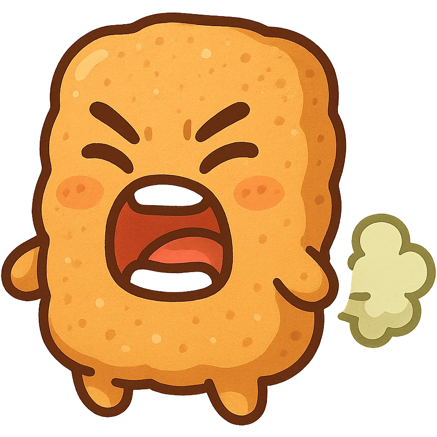 animated chicken nugget, mouth agape with teeth, releasing a fart cloud, fun and expressive style emoji
