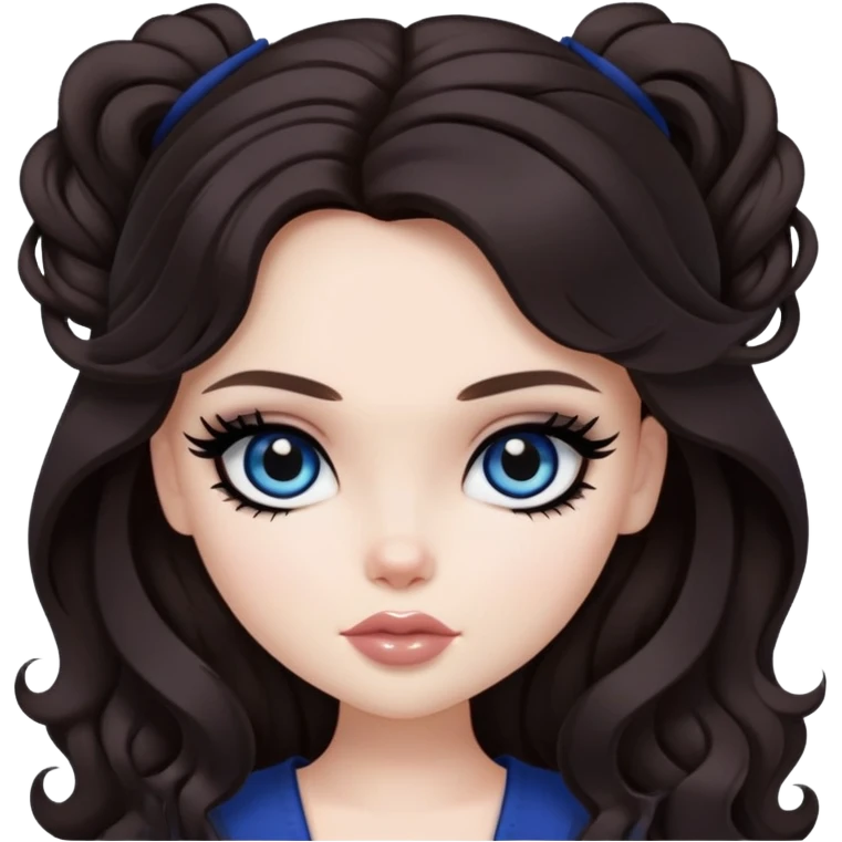 pretty bratz baddie, dark brown hair, black eyeliner, pale skin, dark brown clong wavy hair, dark blue  eyes emoji