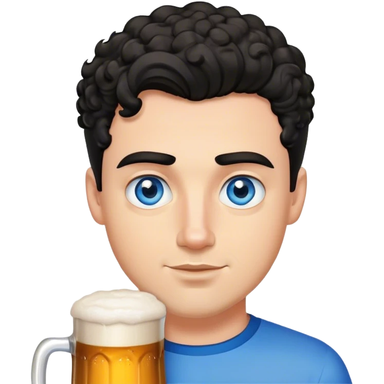 white guy thick eyebrows blue eyes with short curly black hair holding beer emoji