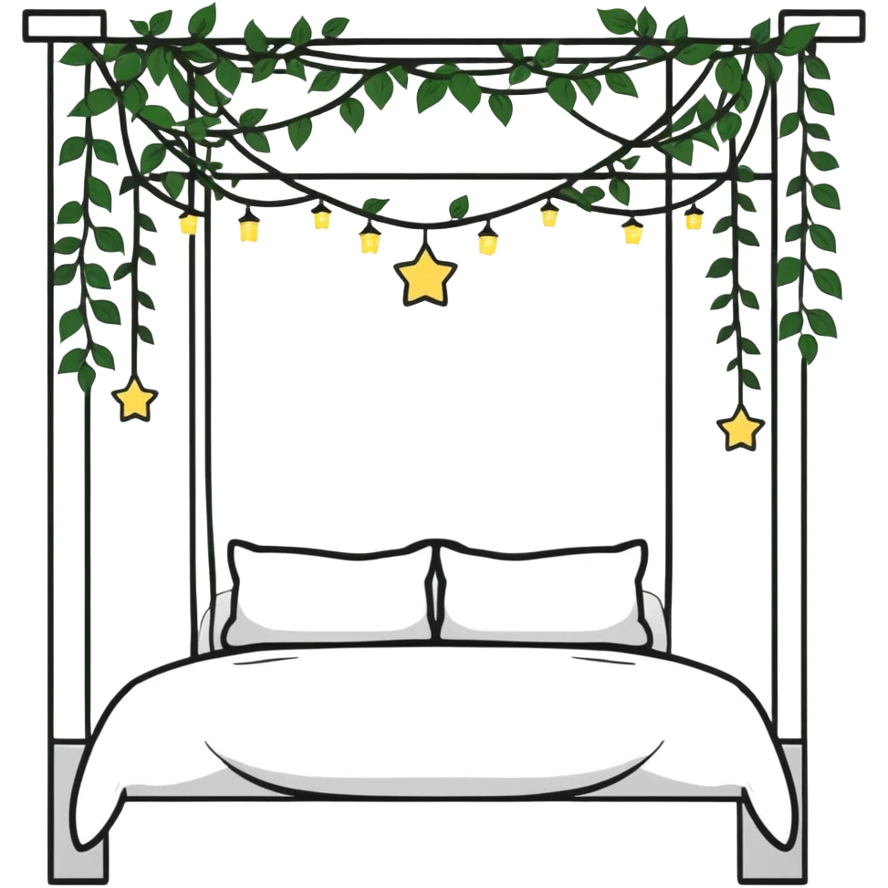 dreamy bed with twinkle lights and leafy vines hanging from above emoji