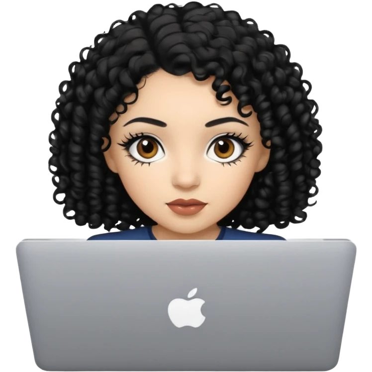 a girl using the mac book air with black curly hair and brown eyes with winged black eyeliner emoji