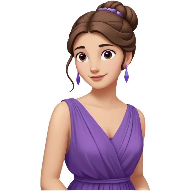 Femme aux longs cheveux bruns relevés en chignon lâche, robe violette fluide inspirée de la Grèce antique, regard en coin et sourire malicieux, style animation Disney emoji