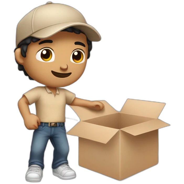 Tan skinned fit Man with black hair in a brown cap and beige polo T-shirt keeping a pasted box into his hands emoji