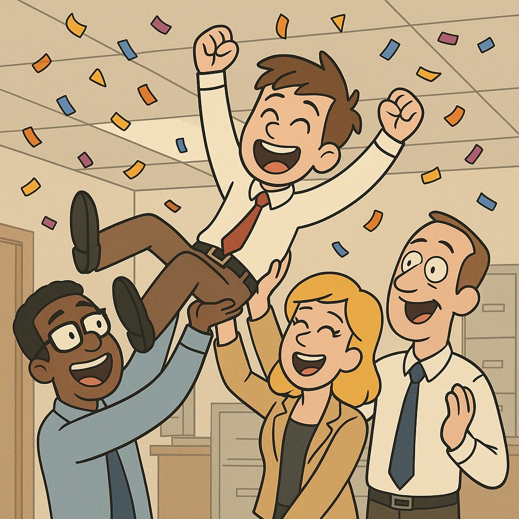cartoon-style group of office workers lifting a happy junior sales official above their heads, confetti in the air, joyful mood, office celebration emoji
