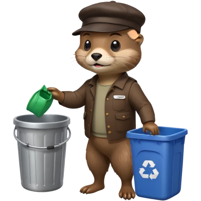an otter dressed as a man picking up trash bins emoji