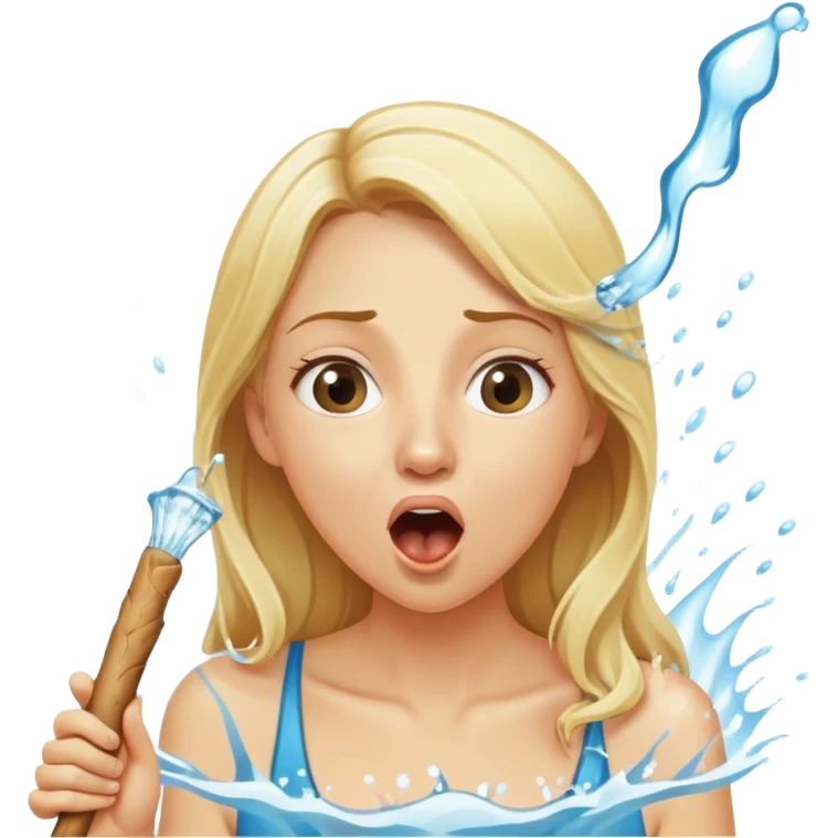 blond woman eating a stick the same color as her skin, water stream squirting directly from the stick into her open mouth, surprised expression emoji