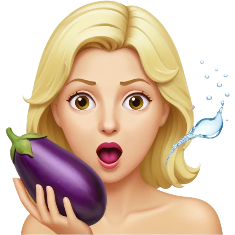 blond woman biting an aubergine, water jet coming out of the eggplant, shocked expression emoji