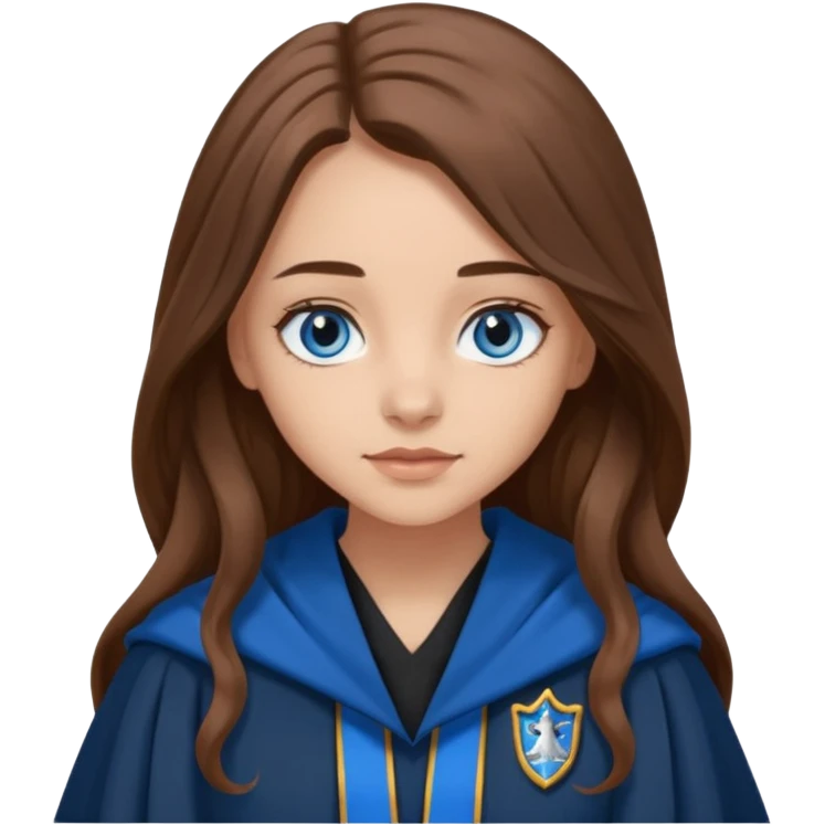 gorgeous Girl with light skin, blue eyes, long brown hair, wears ravenclaw black and blue robes  emoji