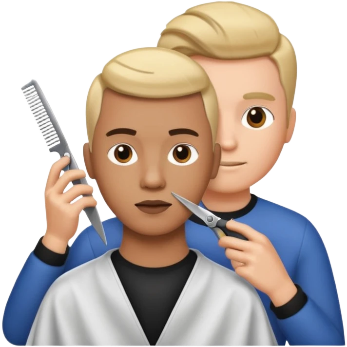 salon hair cut emoji, stylist cutting hair with comb and scissors, modern salon background emoji