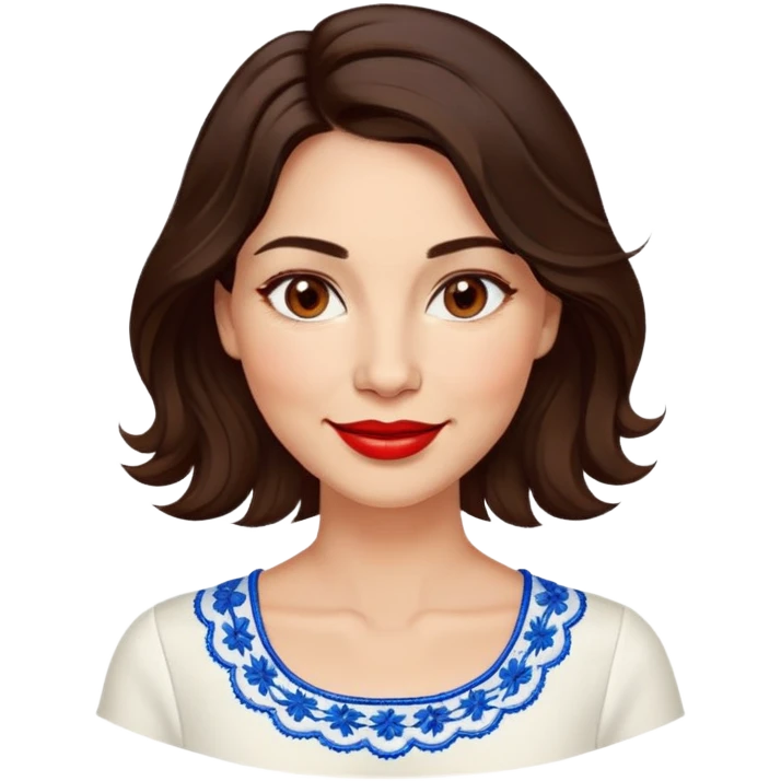 Confident 40-year-old woman with healthy glowing skin, round cheeks, warm smile, expressive light brown eyes, red lipstick, wavy dark brown shoulder-length hair, summery white top with blue embroidery and electric blue neckline emoji