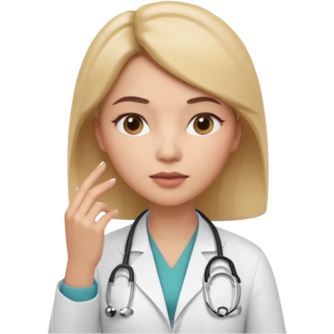 3D memoji female doctor, hand touching chin in thinking pose, thoughtful expression, slightly narrowed eyes, professional medical look, isolated PNG emoji