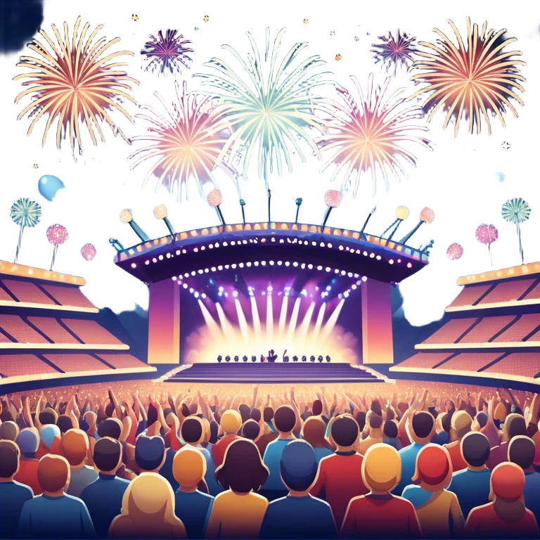 An icon showing a stadium stage with a concert in full swing, bright stage lights illuminating the performers, and fireworks bursting in the sky. The excitement of the crowd is palpable, symbolizing a love for live music and unforgettable shows. transparent background. emoji