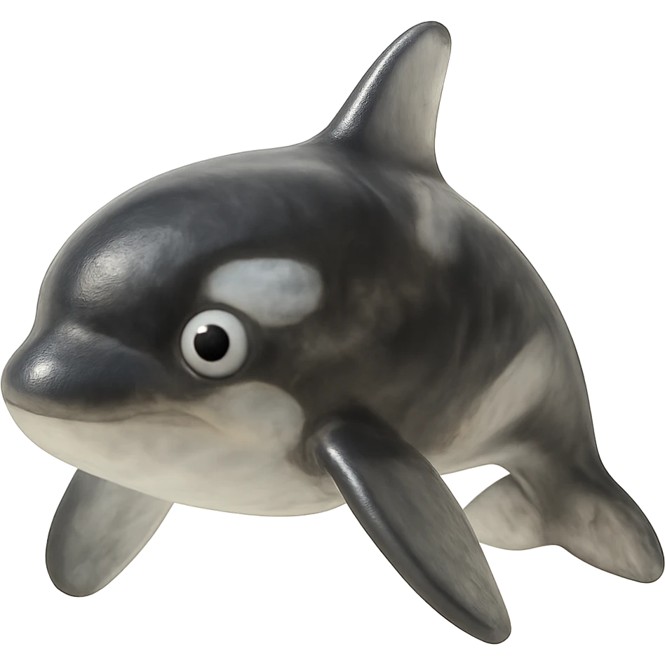 hyper-detailed retro 90's toy style orca, very transparent, natural black and white, soft plastic, derpy eyes, soft reflections, soft and squishy, some cloudiness, not shiny, highly detailed, appealing, no tag, no background emoji