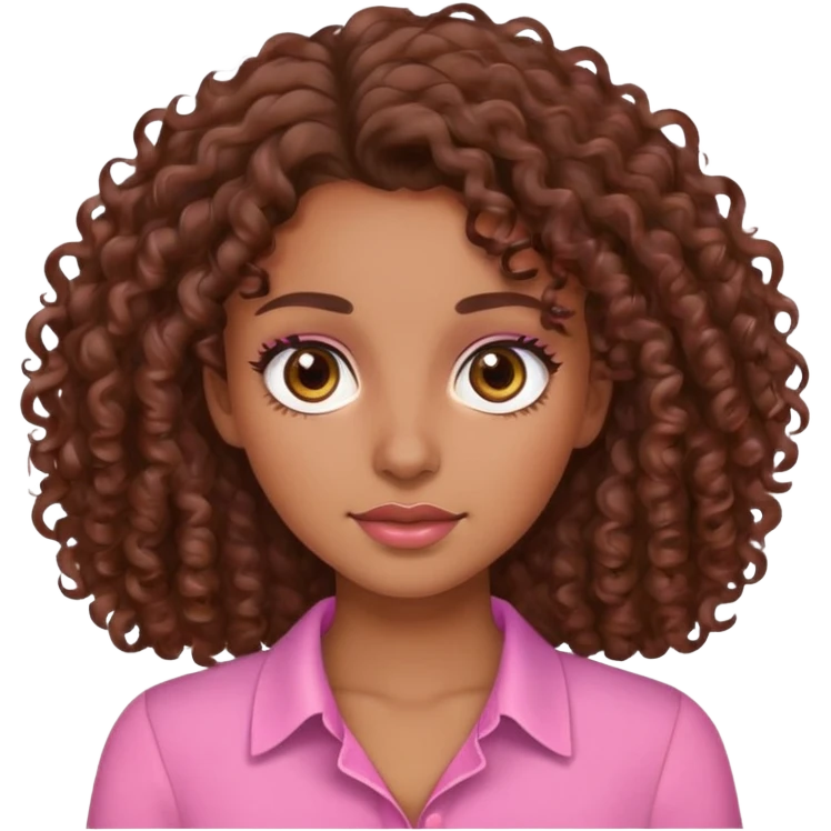 Morena cabello rizado café,ojos café blusa rosa facciones lindas emoji